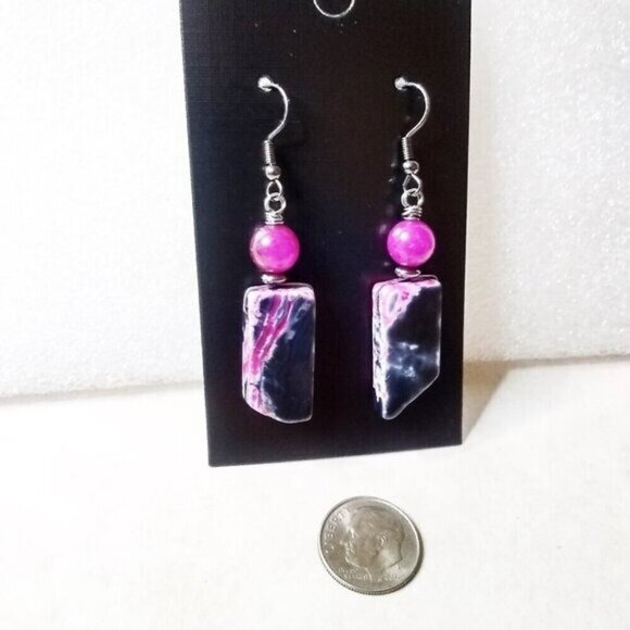 Black Gray & Rose Pink Agate + Sugilite Earrings ~ Unique + One-of-a-kind! - Picture 1 of 6